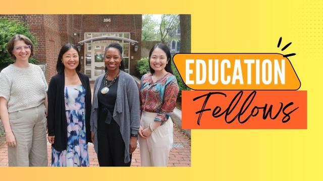 Picture of four education fellows with a yellow background and text reading Education Fellows