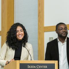 Two ikeda center youth committee members Ana and Isaiah presenting at the 2019 Ikeda Forum