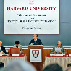 Ikeda speaking at Harvard, 1993