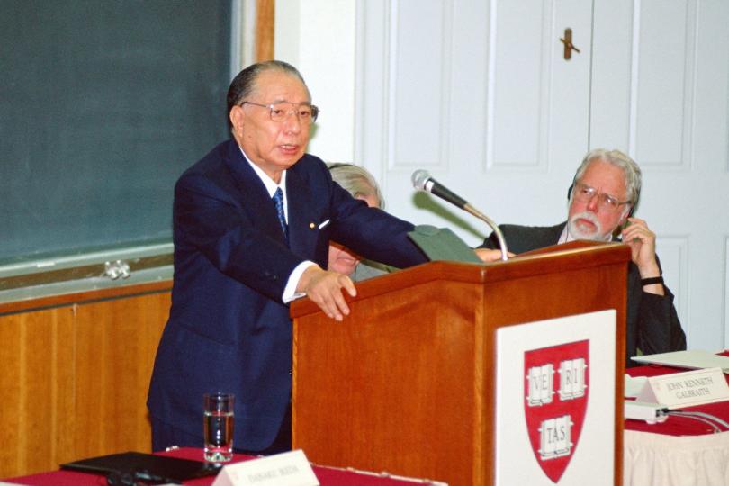 Daisaku Ikeda giving his lecture titled, Mahayana Buddhism and Twenty-first Century Civilization, at Harvard University in 1993
